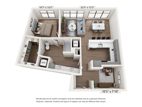 Floor plan for 1 bed, 1 bath, 1049 sqft